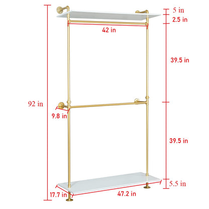 FURVOKIA Modern Simple 2 Tier Industrial Pipe and Wood Garment Rack,Wall Mounted Double Hanging Rods Clothing Rack,Retail Display Storage Clothes Hanging Shelves (One Shelves,Gold, 47.2"L)