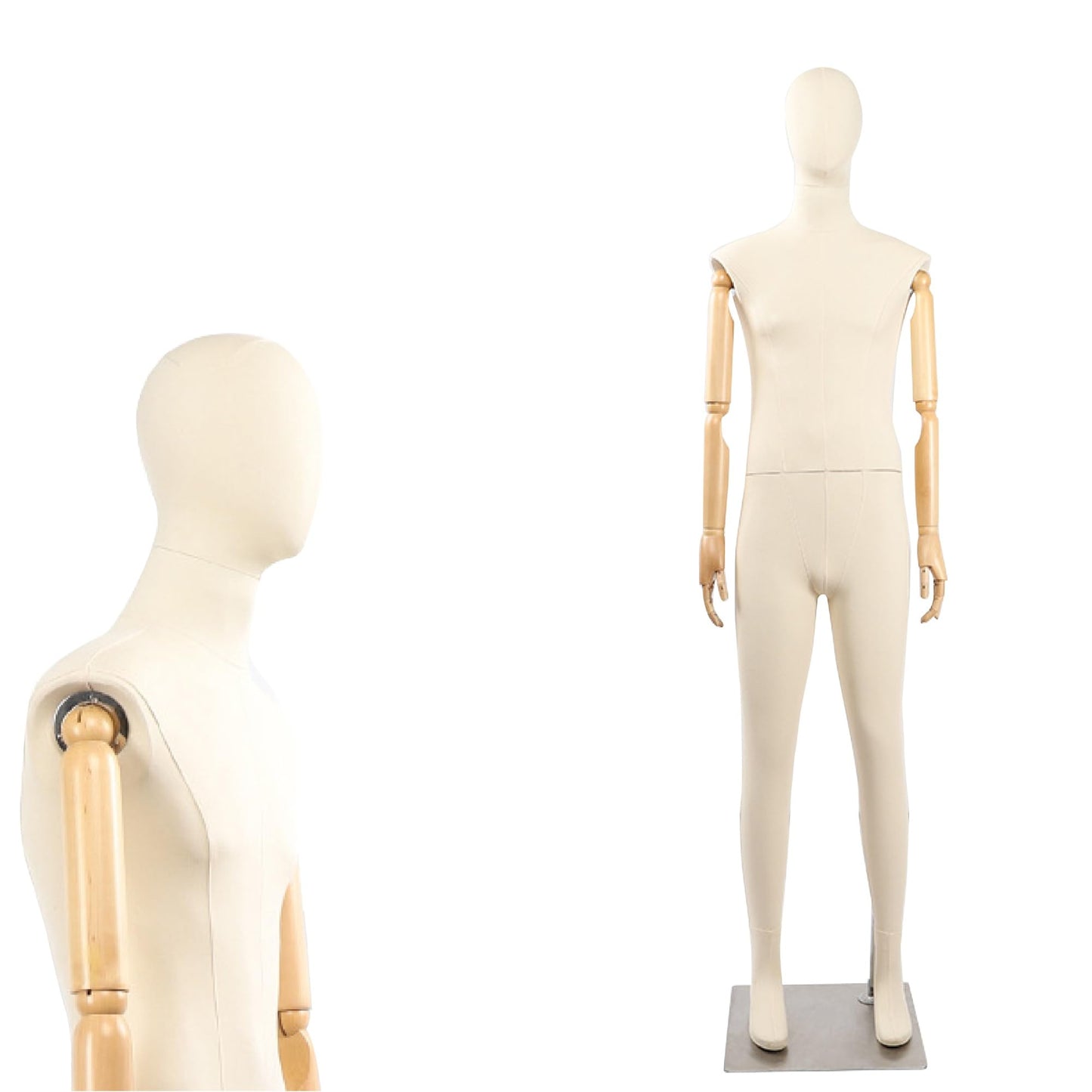 Full Body Male Mannequin with Articulated Wood Arms, Premium Linen Covered Dress Form with Heavy Metal Base, Posable Retail Display Dummy for Boutique Window & Streetwear(Cloth Head)