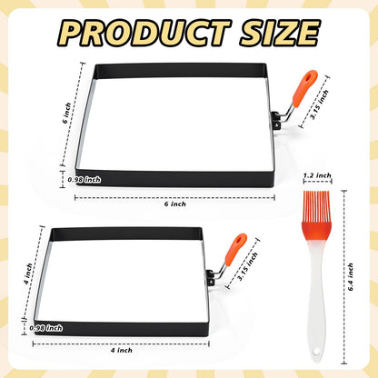 Patelai 6 Pack Square Egg Ring 4 Inch and 6 Inch Stainless Steel Frying Egg Molds Griddle Pancake Shapers with Orange Silicone Handle Oil Brush for Household Breakfast Omelette Sandwich Cooking Tool