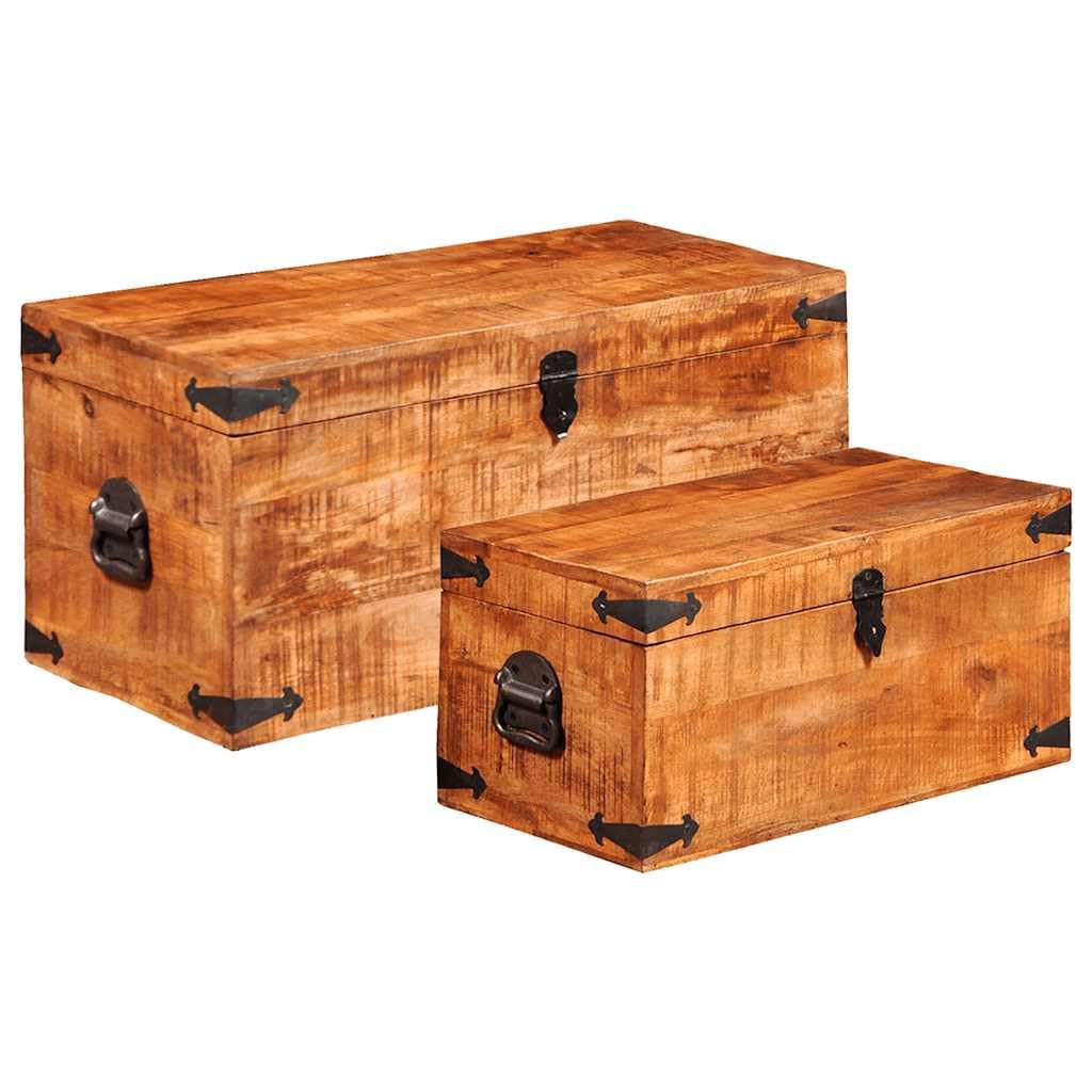 Vorpalize Rough Mango Wood Storage Chest Box Trunk, Rectangular Sturdy Blanket Chest, Set of 2, 13.8 x 27.6 x 13.8 in, Natural Brown Finish for Bedroom, Living Room