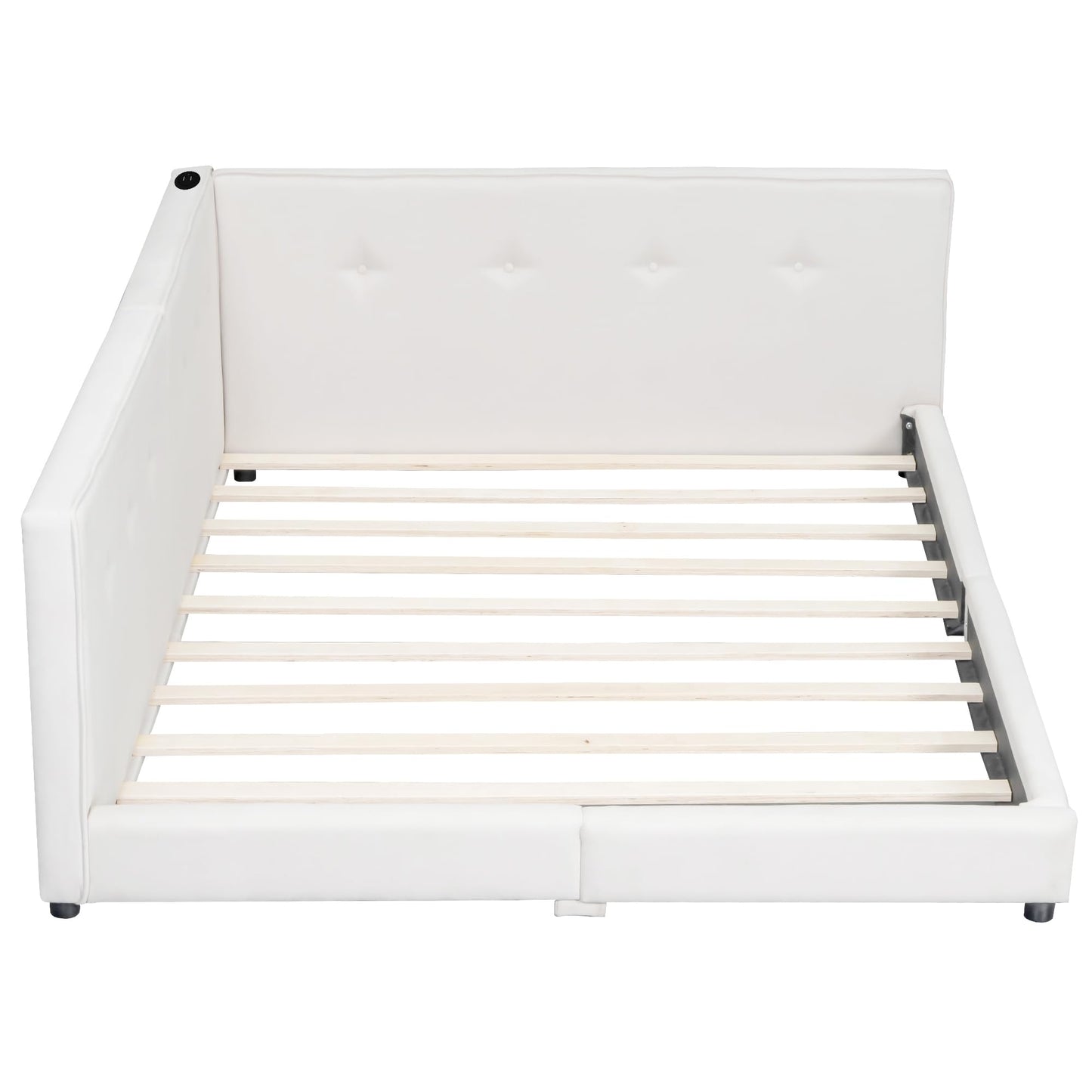 Merax Queen Size Modern Upholstered Platform Bed with USB Ports, Floor Daybed with Wood Slat Support/Queen,Beige
