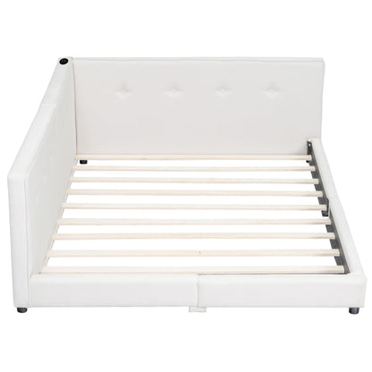 Merax Queen Size Modern Upholstered Platform Bed with USB Ports, Floor Daybed with Wood Slat Support/Queen,Beige