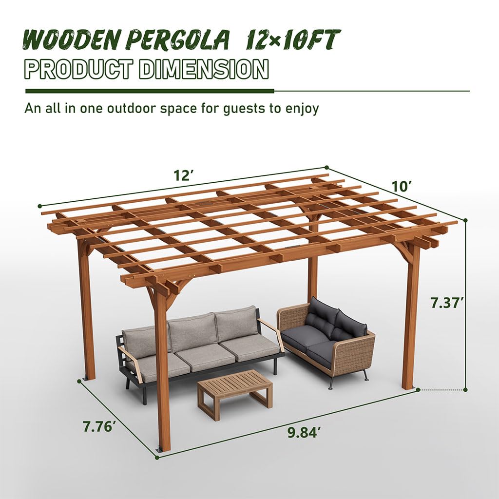 12x10 FT Wooden Pergola Gazebo for Patio Garden, Outdoor Wood Gazebo Pavilion with Trellis Roof, Fir Wood Garden Arbor Shelter for Backyard, Deck, Lawn, Waterproof Brown