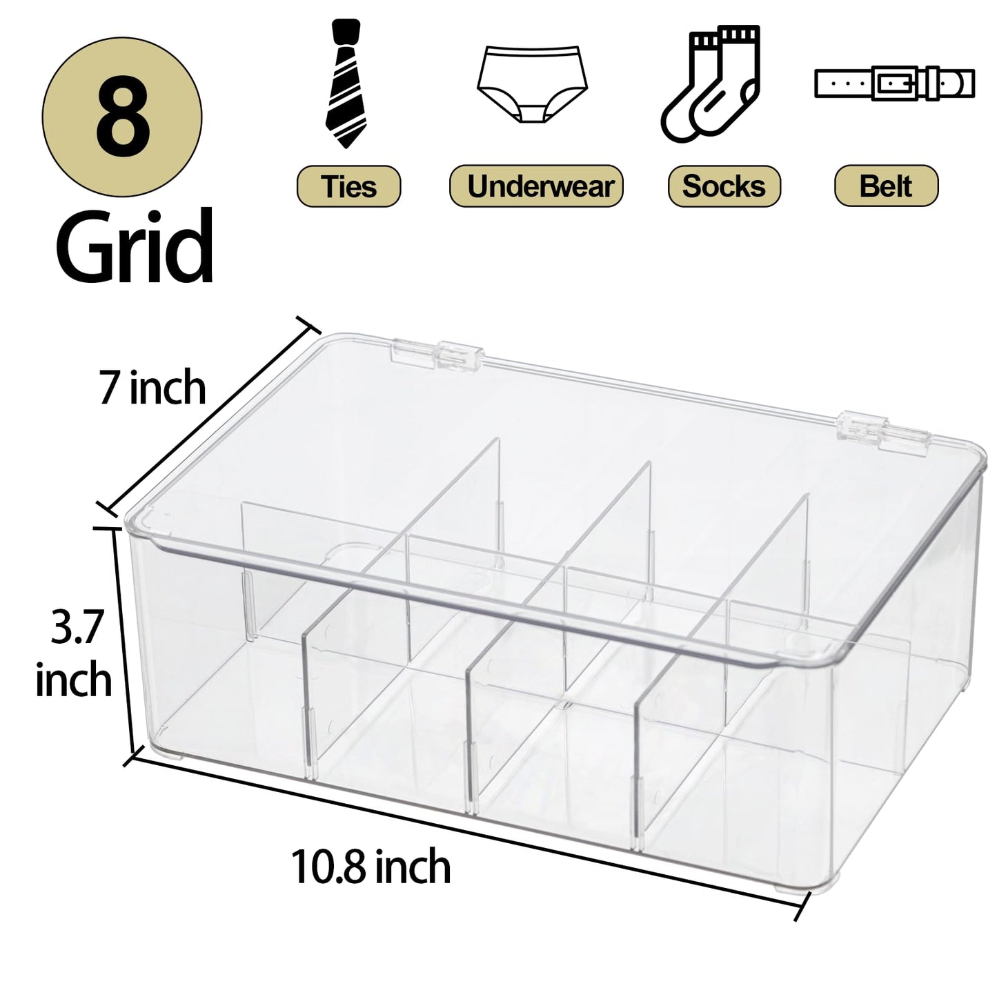 ZEXALOR Plastic Clear Storage Containers, Set of 2 Tea Bag Organizer Boxes 8 Compartments with Lids, Underwear Tie Drawer Organizer, Dresser Organizer (10.8×7×3.7")