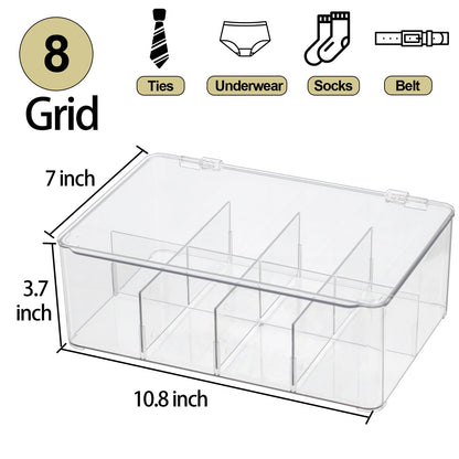 ZEXALOR Plastic Clear Storage Containers, Set of 2 Tea Bag Organizer Boxes 8 Compartments with Lids, Underwear Tie Drawer Organizer, Dresser Organizer (10.8×7×3.7")