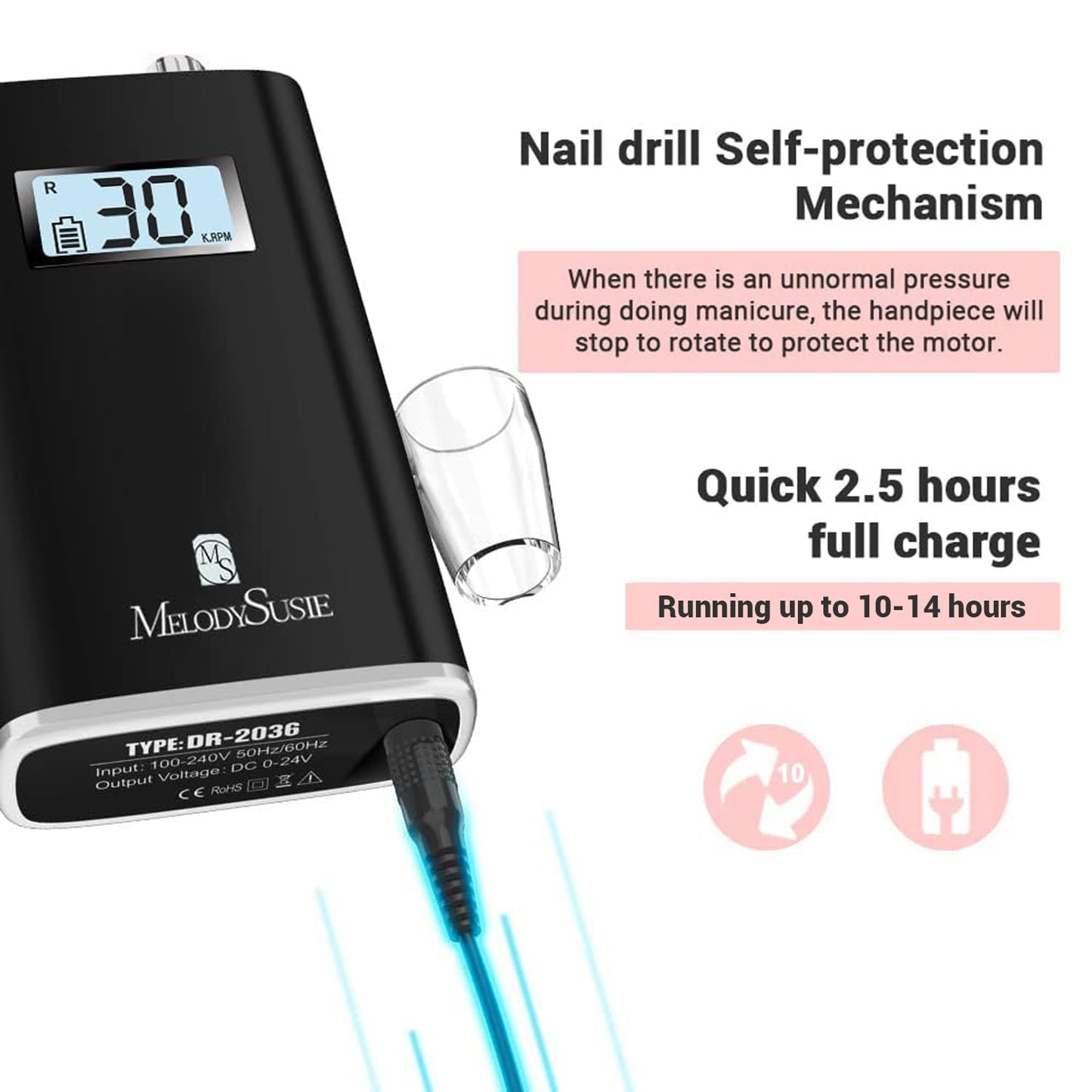 MelodySusie Professional Rechargeable 30000 RPM Nail Drill,SC320H Portable Electric E File Scamander, Acrylic Gel Grinder Tools with 6 Bits and Sanding Bands for Manicure Pedicure Carve Polish(Black)