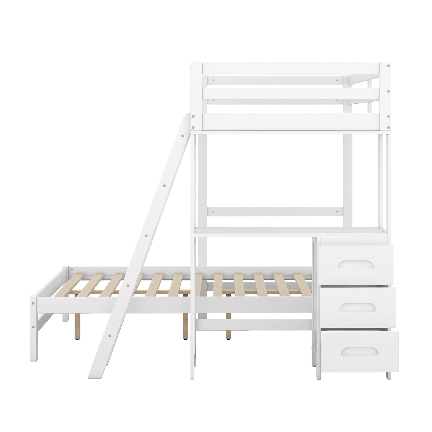 YOPTO Twin Over Full Bunk Bed with Built-in Desk and Three Drawers,Pine Wood Convertible Twin Over Full L-Shaped Loft Bunk Bed Frame for Kids Teens Adults,White