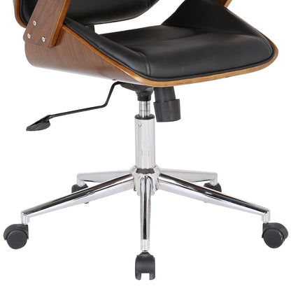 Armen Living Century Office Chair in Black Faux Leather and Walnut Wood, Chrome Finish