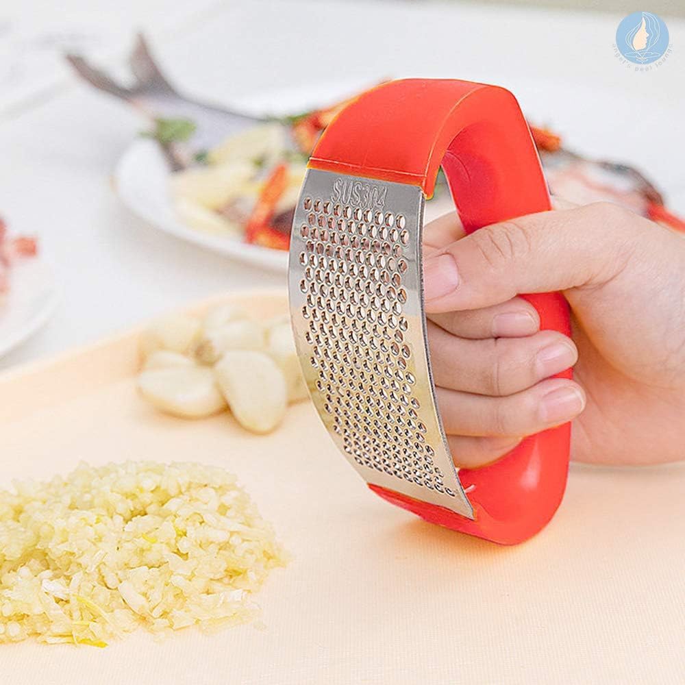 Angel's Peel Lounge Stainless Steel Garlic Press Rocker Set with Silicone Garlic Peeler & Cleaning Brush – Garlic Chopper, Mincer, Grater, Crusher – Easy for Crushed Cloves – Rust-Resistant, Red