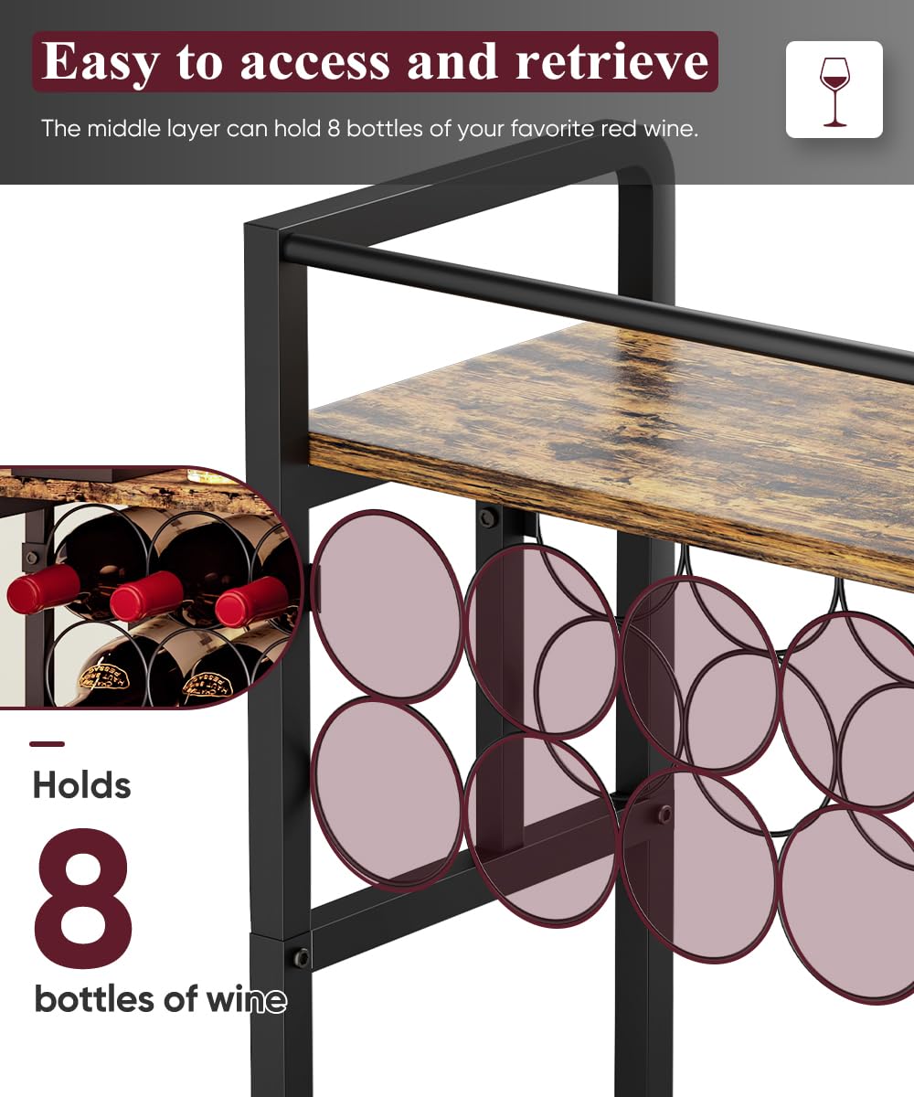 Ansionsol 3-Tier Wine Rack Freestanding Floor with Wood Top, Liquor Stand with Wine Bottle Holder, Corner Wine Bar Table for Small Space, Metal Whiskey Shlef for Kitchen, Cellar, Living Room, Black