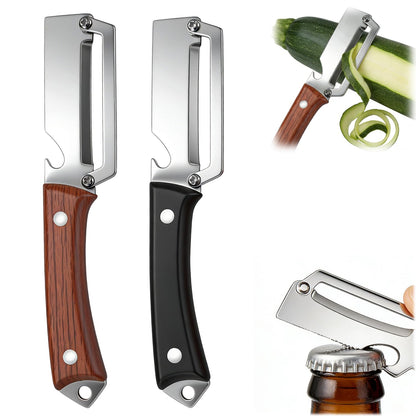 2026 Upgrade Premium Vegetable Peeler with Wooden Handle and Bottle Opener, Multifunctional 3-in-1 Stainless Steel Kitchen Tool for Fruit Apple Potato Pumpkin Papaya (Wood Grain + Black Pattern)