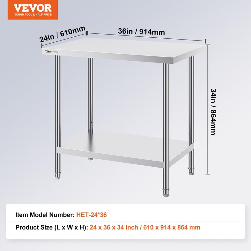 VEVOR Stainless Steel Prep Table, 24 x 36 x 34 Inch, 750 lbs Load Capacity, Heavy Duty Metal Worktable with 3 Adjustable Height Levels, Commercial Workstation for Kitchen Garage Restaurant Backyard