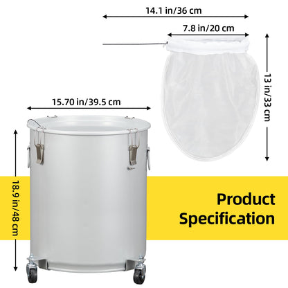 Fryer Grease Bucket 16 Gal, Coated Carbon Steel Oil Filter Pot with Caster Base, Oil Disposal Caddy, Transport Container with Lid Lock Clip Nylon Filter Bag, Silver