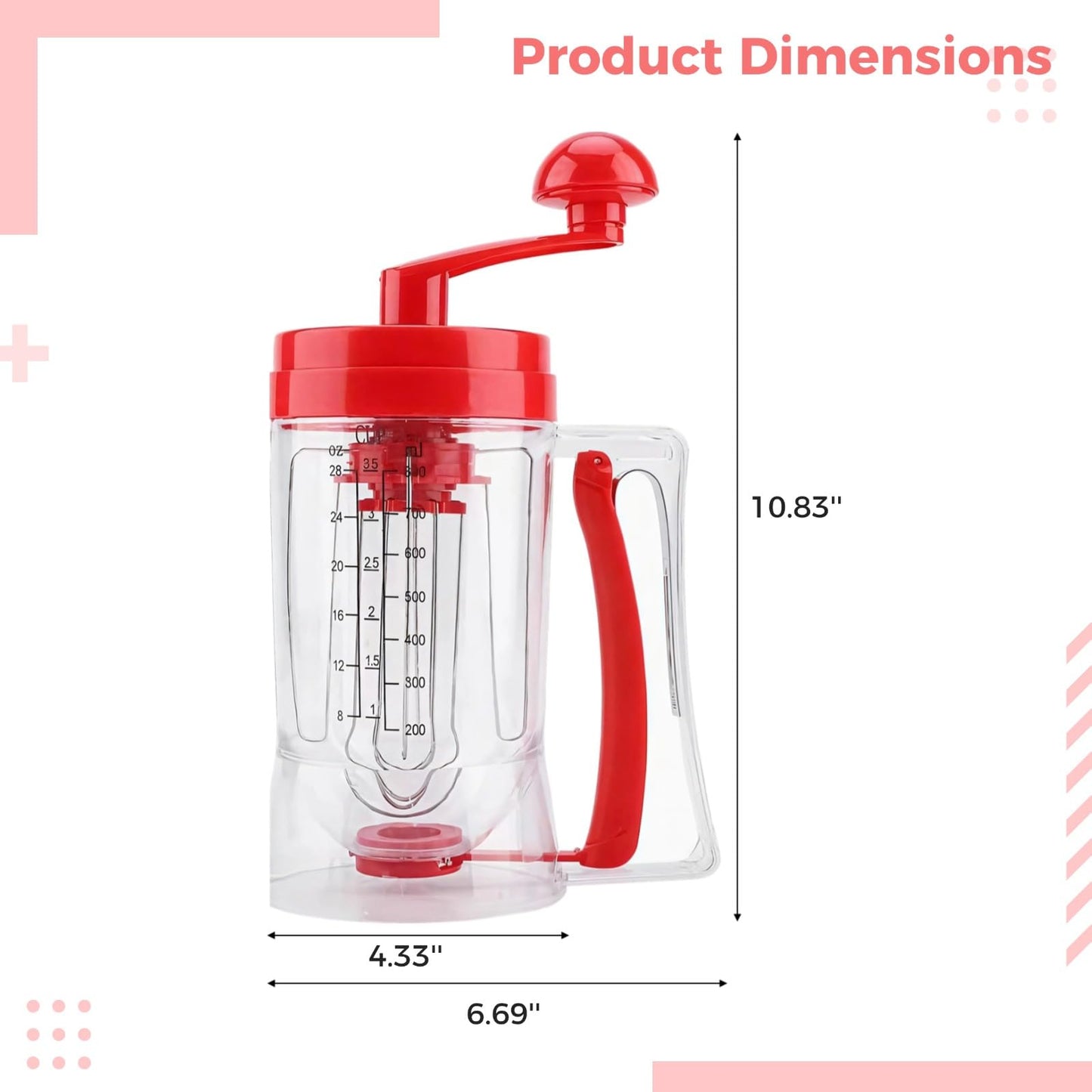 Pancake Mixer Batter Dispenser, Transparent ABS Cupcake Batter Dispenser with Scale, 11.4 x 4.3 Inches Single Hand Operated Pancake Batter Dispenser, Central Spout Design, Baking Tool for Kitchen