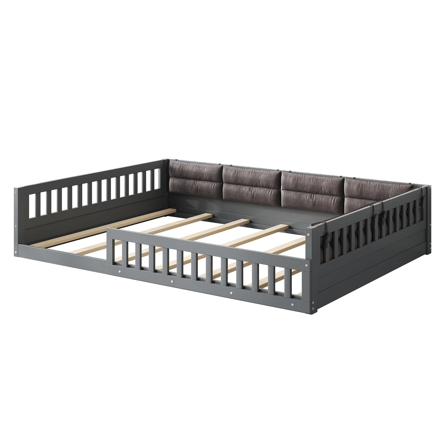 Merax Full Size Upholstered Platform Bed with Guardrail & Pillow, Solid Pine Wood Bed Frame, No Box Spring Needed, 600 lbs Capacity Safety Guaranteed Easy to Assemble for Bedroom, Gray