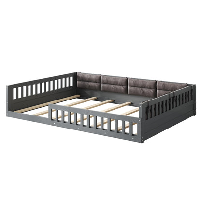 Merax Full Size Upholstered Platform Bed with Guardrail & Pillow, Solid Pine Wood Bed Frame, No Box Spring Needed, 600 lbs Capacity Safety Guaranteed Easy to Assemble for Bedroom, Gray
