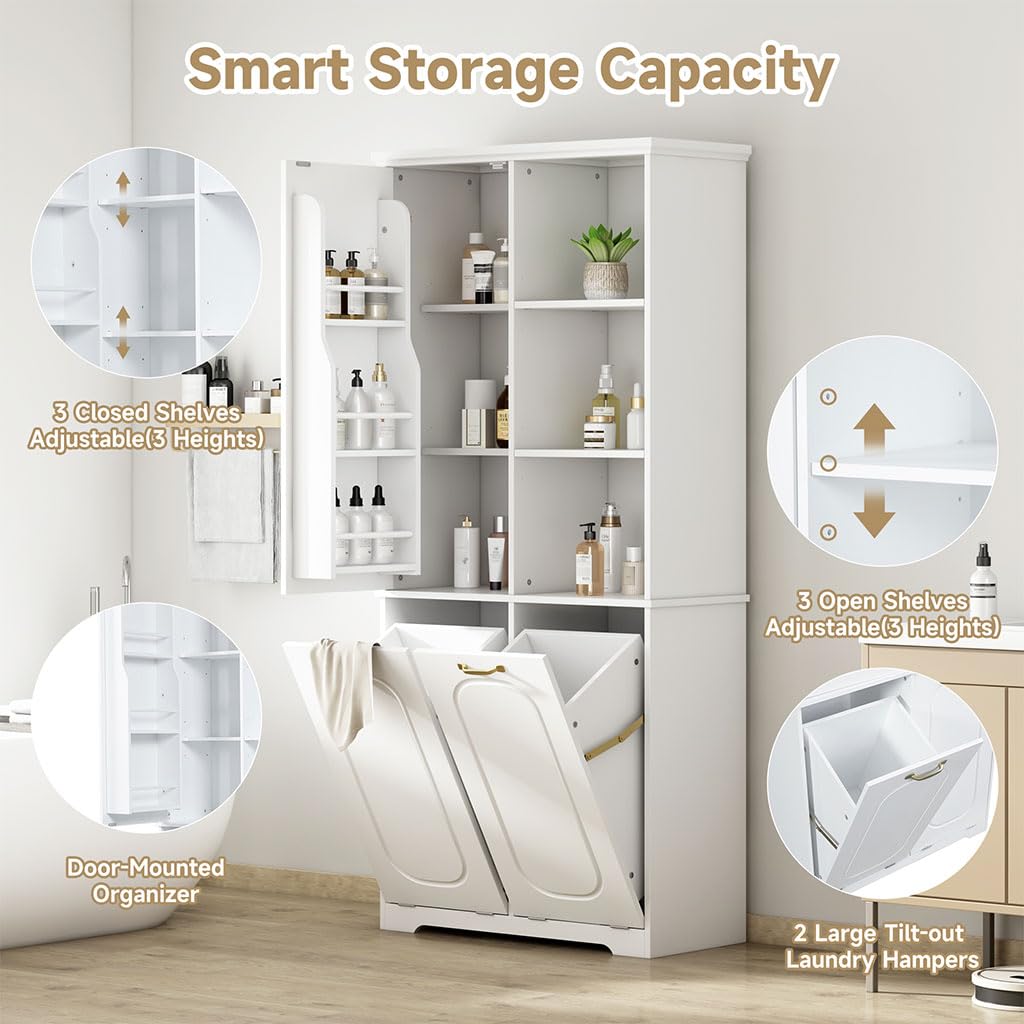 68" Bathroom Storage Cabinet with Double Tilt Out Laundry Hamper, Tall Freestanding Linen Cabinet with Adjustable Shelves & Door Organizer, Hidden Laundry Sorter for Bathroom Laundry Room, White,White