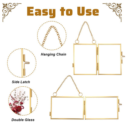 YUXIANLB 4 Pcs Double Glass Frame for Pressed Flowers, 2x3 Inch Picture Frame Mini Brass Wall Hanging Photo Frame with Chain for DIY Plant Specimen Wall Ornament Artwork Display Wall Decor (Gold)