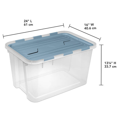 Sterilite 24 Pack Hinged Lid Storage Box, 60 Qt Plastic Container, Washed Blue - Home Organizer Tote for Storing Shoes, Crafts, Clothing, or Decor
