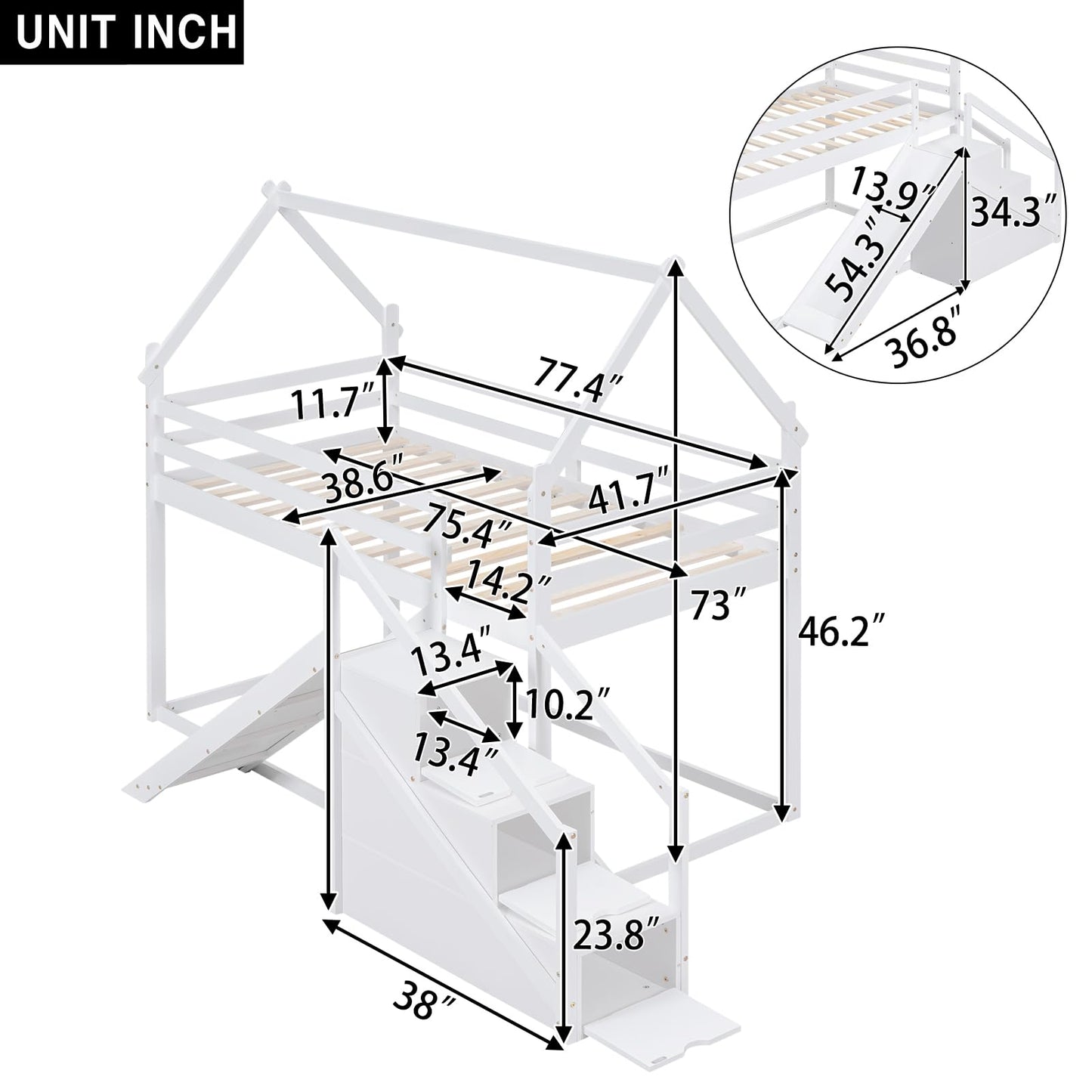 Merax Twin Over Twin Bunk Bed with Full-Length Guardrails for Teens, Boys, Girls, Wooden House Bed Frame & Slide and Storage Stairs for Children's Room, Bedroom, No Box Spring Needed, White