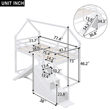 Merax Twin Over Twin Bunk Bed with Full-Length Guardrails for Teens, Boys, Girls, Wooden House Bed Frame & Slide and Storage Stairs for Children's Room, Bedroom, No Box Spring Needed, White