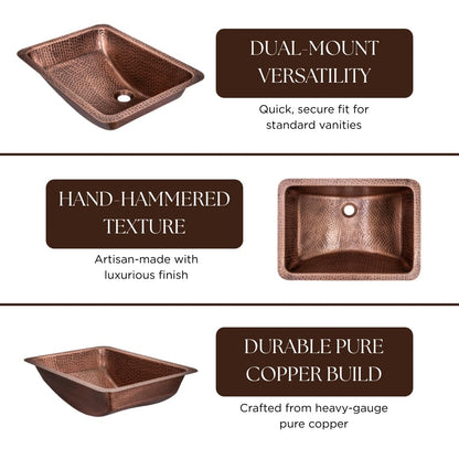 Monarch Abode Bathroom Sink – 21-Inch Venitian Dual Mount Undermount or Drop In Bathroom Sinks, Bathrooms Hand Hammered Pure Copper Vanity Sink for Countertop, Powder Room, Bath, or Restroom