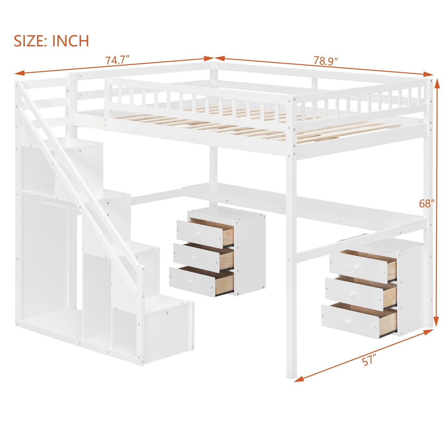 Merax Full Size Wood Loft Bed with Stairs, Built-in Desk, 2 Storage Drawers & Lights, Space Saving Bed for Teens, Adults, Study Loft Bed with Underbed Storage, White