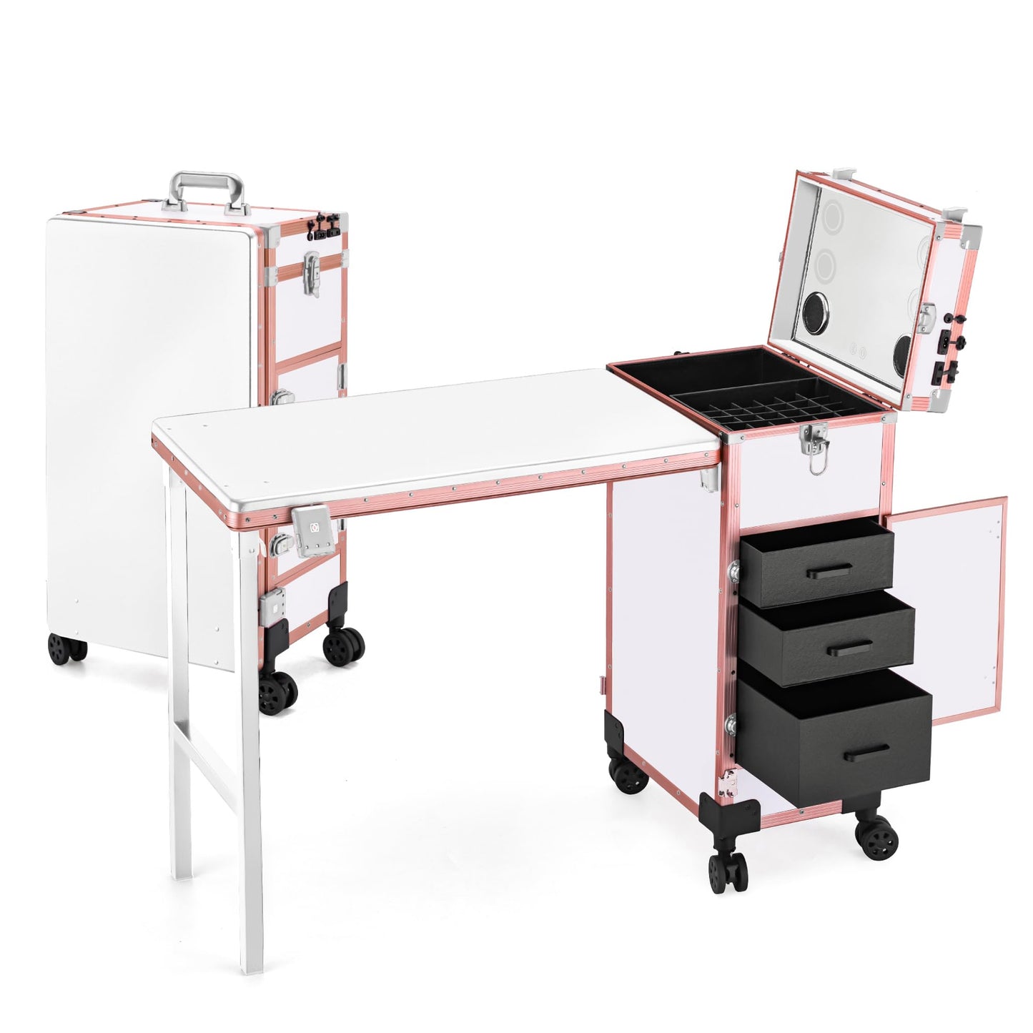 ZhenGuiRu Portable Manicure Table 3 Drawers, Rolling Lockable Makeup Train Case with Blueteeth Speaker and Nail Polish Organizer, Foldable Nail Desk with Mirror & TSA Lock for Nail Tech and Salon Use