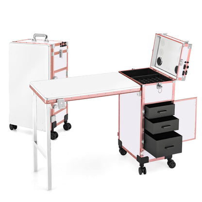 ZhenGuiRu Portable Manicure Table 3 Drawers, Rolling Lockable Makeup Train Case with Blueteeth Speaker and Nail Polish Organizer, Foldable Nail Desk with Mirror & TSA Lock for Nail Tech and Salon Use