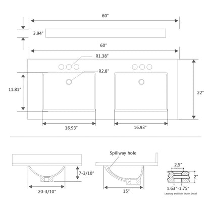 EQLOO 60 Inch Engineered Stone Bathroom Vanity Sink Top, with Undermount Rectangular Double Sinks, Vanity Countertop with 8 inch Faucet Hole Spacing and Backsplash in Lightning White