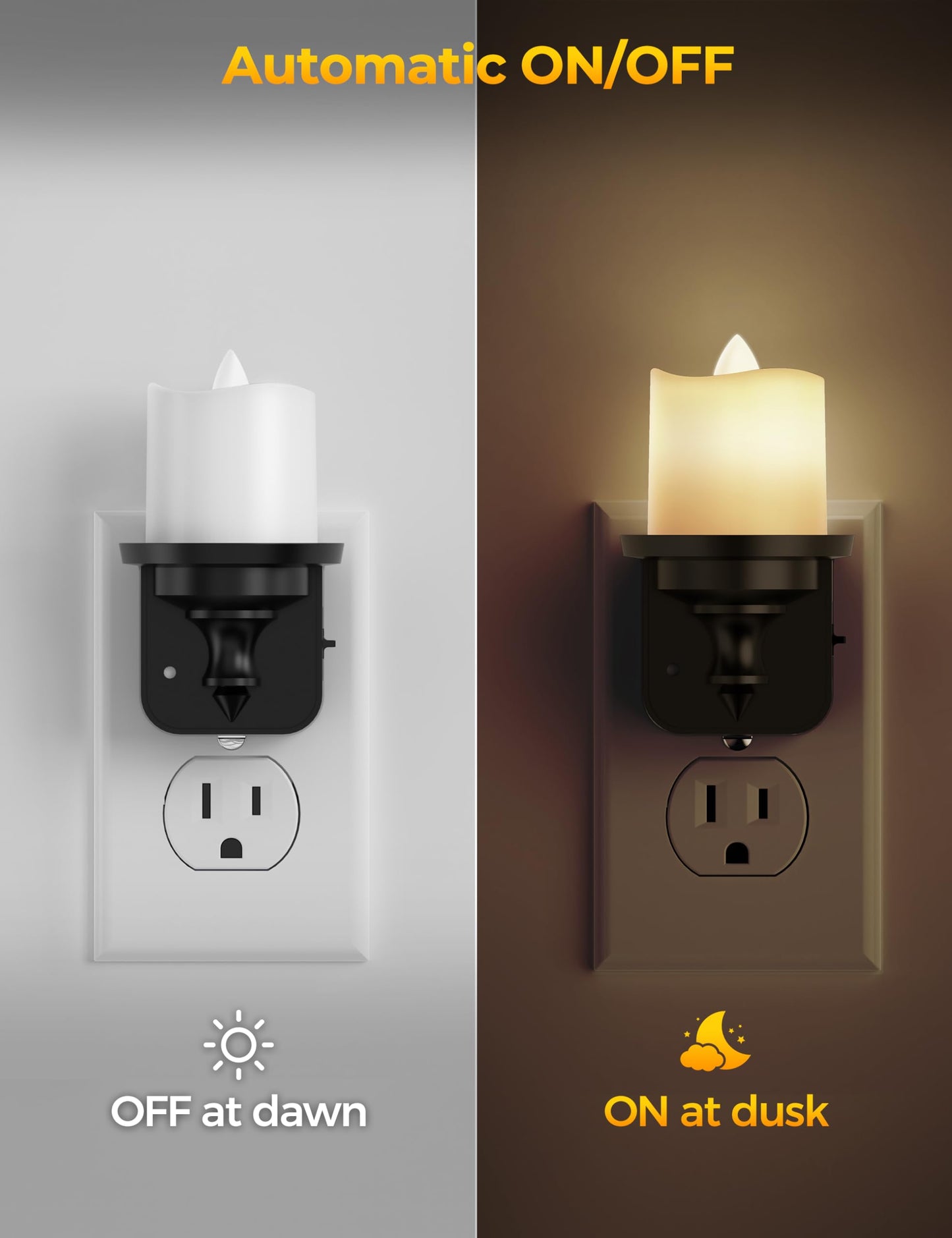 Briignite Flameless Candle Night Lights, Amber Plug-in 2 Pack, LED Candle with Light Sensor, 0-100LM Dimmable, Kids Hallway Bathroom Nightlight