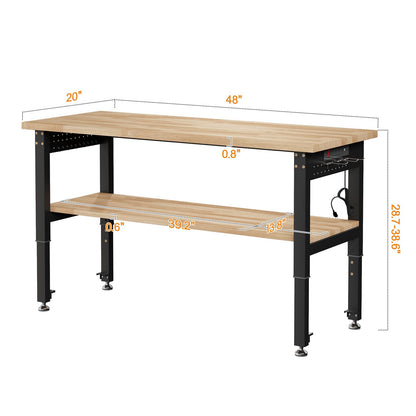 Albott 48" Adjustable 2-Tier Workbench with Solid Wood Top, Max 2500lbs Capacity, Built-in Power Strip with 4 AC Outlets & 2 USB Ports, Pegboard & 20 Hooks, Shop Garage Office