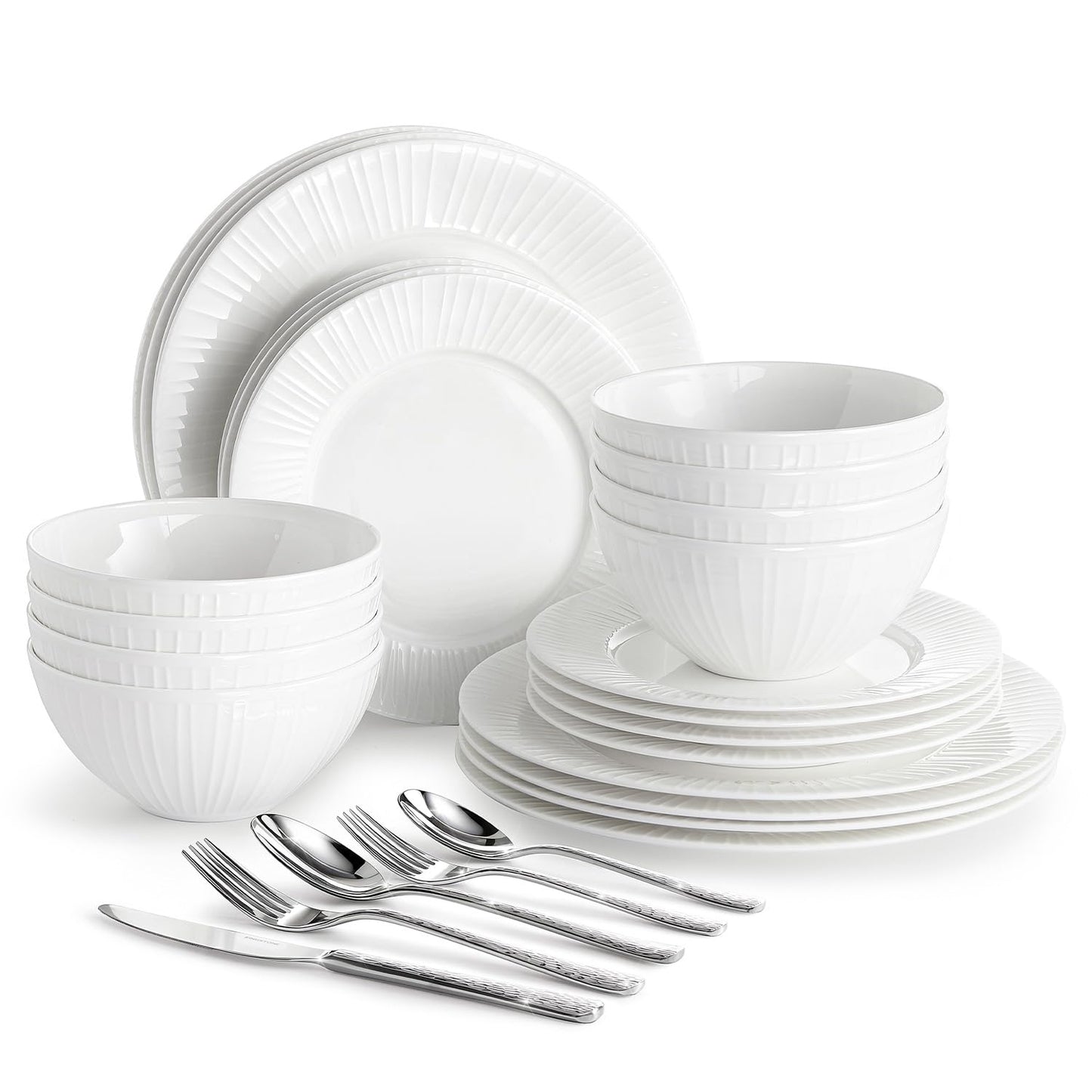KINGSTONE 24-Piece Bone China Dinnerware Set with 40-Piece flatware, White Lightweight Porcelain Service for 8, for Family Dining, Restaurants, Gifting，Microwave and Dishwasher Safe
