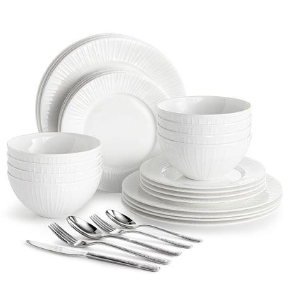 KINGSTONE 24-Piece Bone China Dinnerware Set with 40-Piece flatware, White Lightweight Porcelain Service for 8, for Family Dining, Restaurants, Gifting，Microwave and Dishwasher Safe