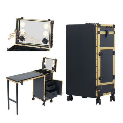 Portable Nail Desk for Nail Tech, Foldable Manicure Table with 3 Drawers & Mirror, Rolling Nail Table with Lockable Train Case, Nail Polish Organizer, Mobile Nail Tech Workstation with Wheels, Golden