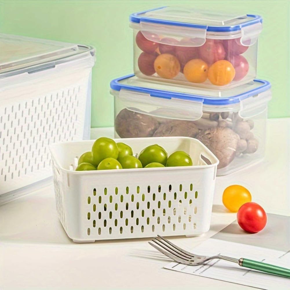 Trasylph 2 Pack Fruit Storage Containers for Fridge with Removable Colanders, Dishwasher & Microwave safe Produce Storage Containers with Lids Keep Fruits, Vegetables, Berry, Meat Fresh longer