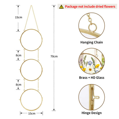 FOCHIER F Pressed Flower Frames with Tweezers,Wall Hanging Double Glass Frames with Metal Chain for Pressed Dried Flowers,Gold Picture Frame with Plants Golden Tabletop Décor, Horizontal and Vertical