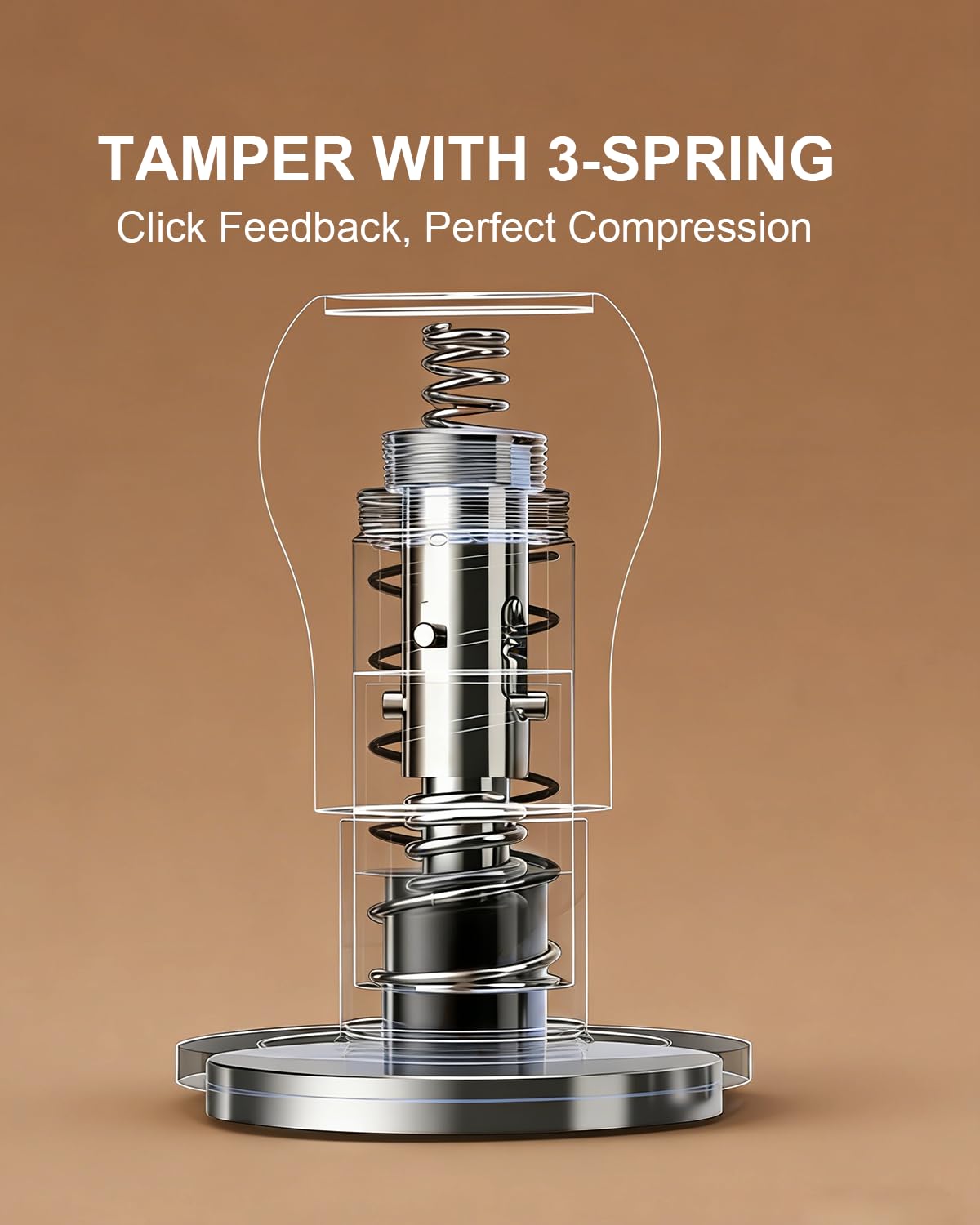 KOFIKOFI Coffee Tamper 53.3mm - 3 Spring Loaded Espresso Tamper with 30lbs Calibrated Springs and Sound Feedback - Barista Walnut Tamper With Stainless Steel Ripple Base - Fits 54mm Portafilter