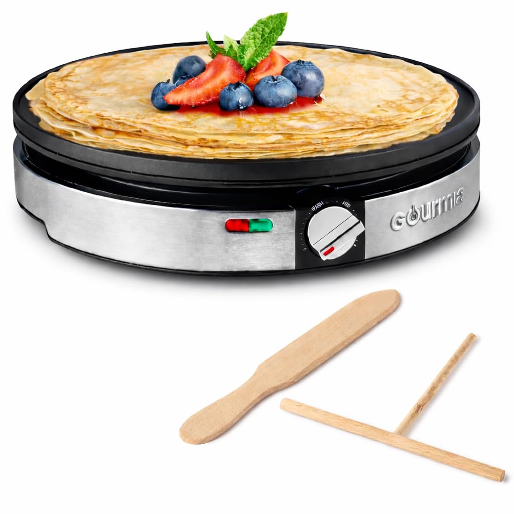 Gourmia 12” Crepe Maker – Nonstick Electric Griddle for Pancakes, Omelets & More, Precise Temp Control with Indicator Lights, Includes Spatula & Batter Spreader, Quick Cleanup, Stainless Steel Trim