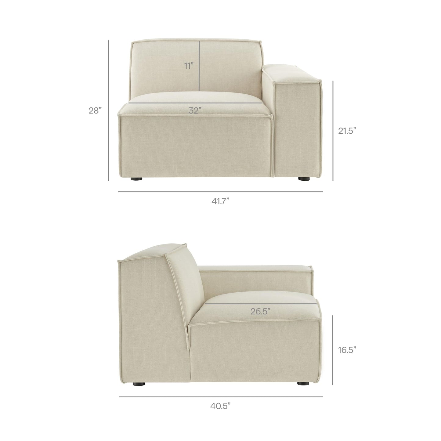 Modway Restore Performance Fabric Upholstered 2-Piece Modular Loveseat in Ecru – Low Profile Sectional Sofa with Right-Facing Armchair and Left-Facing Armless Chaise