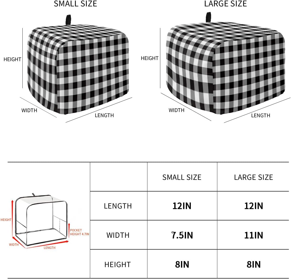 Black and White Checkered Toaster Cover 4 Slice, Large Kitchen Appliance Covers, Farmhouse Buffalo Plaid with Loop,