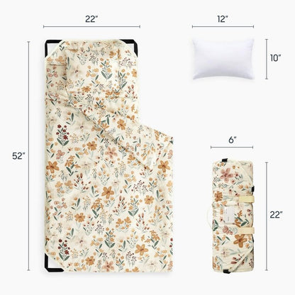 Wake In Cloud - Cot Nap Mat with Pillow and Blanket, for Toddler Kids Girls Ages 3 Plus in Daycare Kindergarten Preschool with Elastic Corner Straps, Floral Botanical Flowers, Orange Cream