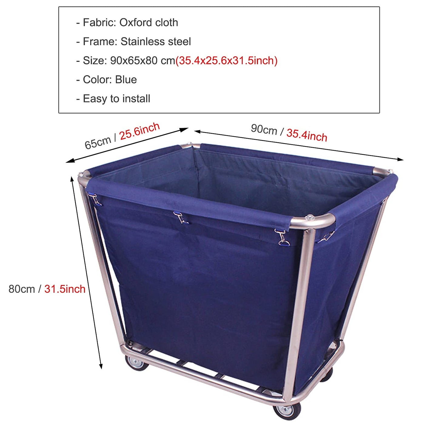 Laundry Trolley Storage Rolling Linen Trolley Large Laundry Sorter Cart with Wheels Stainless Steel Frame and Detachable Fabric for Laundry Room Hotel Bedroom Bathroom