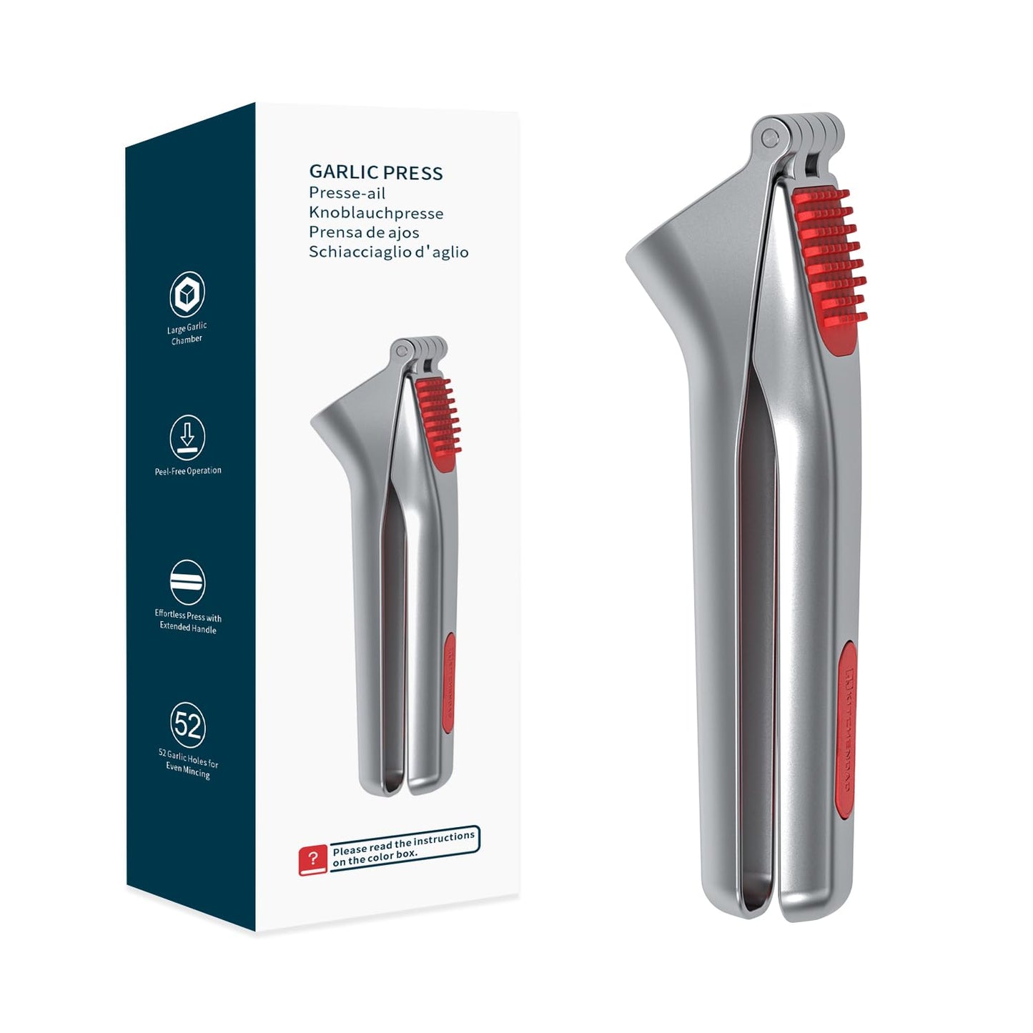 KITCHENDAO Heavy-Duty Garlic Press with Built-in Scraper & Cleaning Pusher, No Peeling Garlic Crusher with Large Chamber, Zinc Alloy Garlic Mincer, Dishwasher Safe
