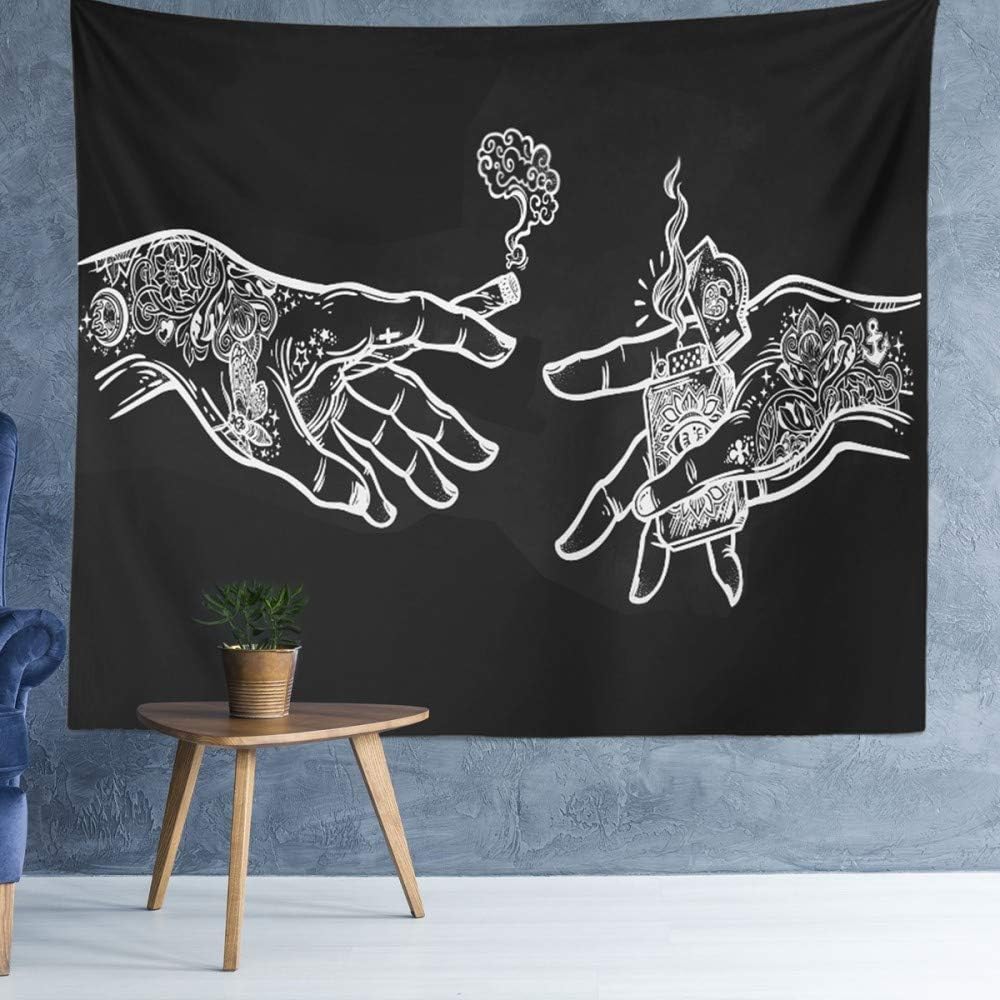 White and Black Floral Hands Wall Tapestry, Funny Creative Hippie Boho Art Decor for Bedroom