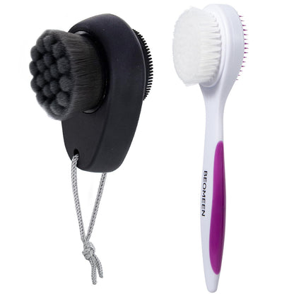2 Pack Facial Cleansing Brush 2 in 1 for Face Exfoliation, Soft Bamboo Charcoal Microfiber Bristle Dual Face Silicone Scrubber Brush for Pore Deep Cleansing Skincare with Lid, Black+Gradient