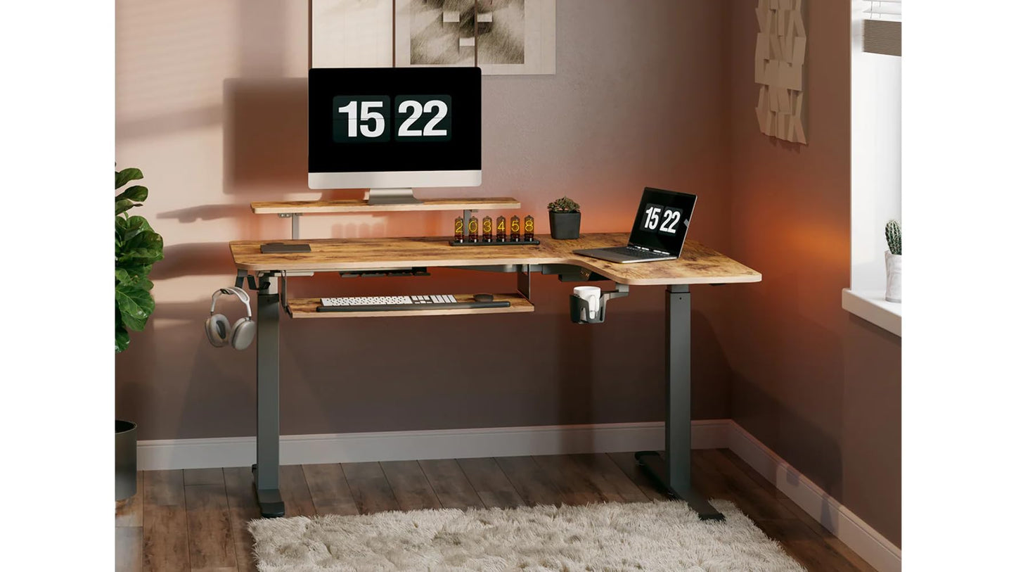 EUREKA ERGONOMIC Standing Desk with Keyboard Tray, Computer Desk, 61" L Shaped Electric Adjustable Height Desk w Monitor Stand LED, Corner Sit Stand Desk Gaming Desk, Dual Motor,Right/Rustic Brown
