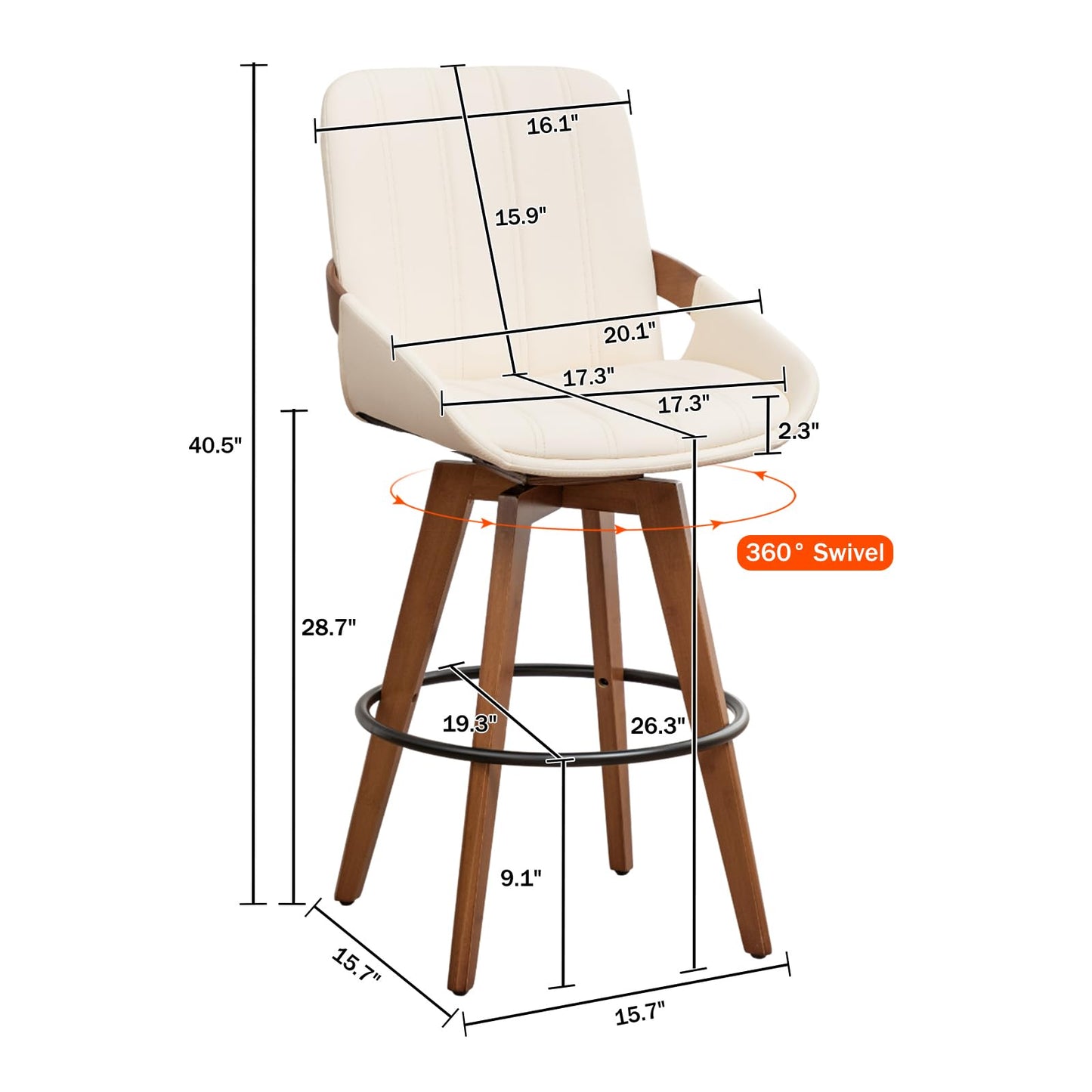 AQG Counter Stools Set of 2, 26.3 Inch Mid Century Modern Counter Height Bar Chairs, Swivel Barstools with Walnut Craft, Faux Leather Upholstered Furniture for Island/Counter (Beige, 26.3"-2 PCS)