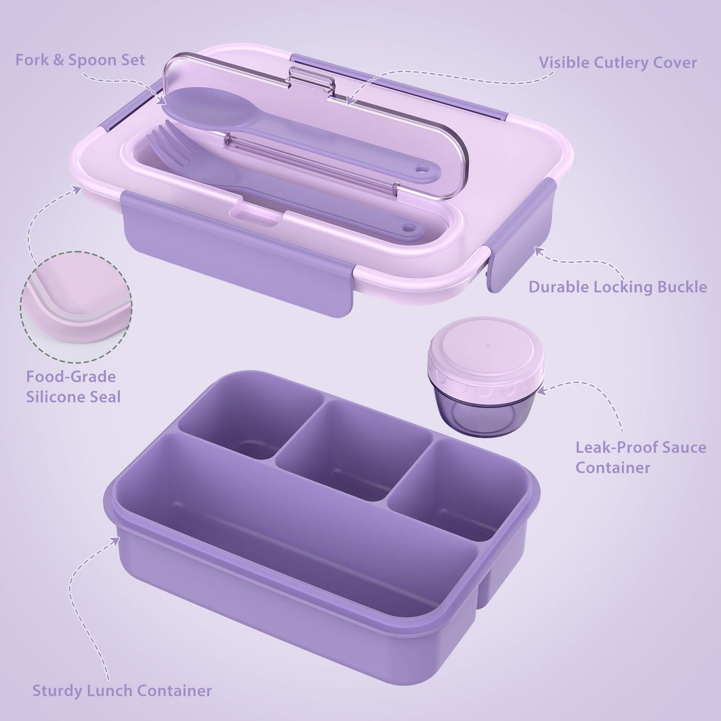 Caperci Bento Box Adult - 50 oz Large Lunch Containers for Adults and Teens, 4-Compartment Bento Lunch Box with Utensils & Leak Proof Sauce Cup, Dishwasher Safe, Durable, BPA-Free (Lavender)