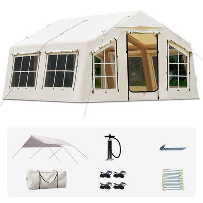 KNUO 2026 Upgraded Waterproof Inflatable Camping Tent for Winter with Rain Cover for 4~6 People, Large Blow-Up Air Tent, No Assembly Needed Luxury Glamping House, 12x12ft Oxford Fabric, Beige